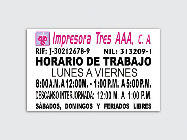 Horarios de Trabajo - Impresora Tres AAA, C.A.