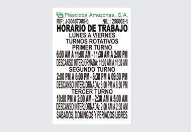 Horarios de Trabajo - Plásticos Amazonas, C.A.