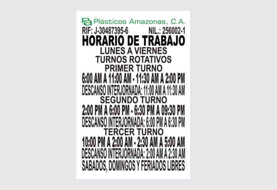 Horarios de Trabajo - Plásticos Amazonas, C.A.